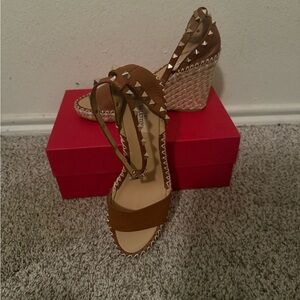Valentino Tan Wedge Sandals with Stud Accents